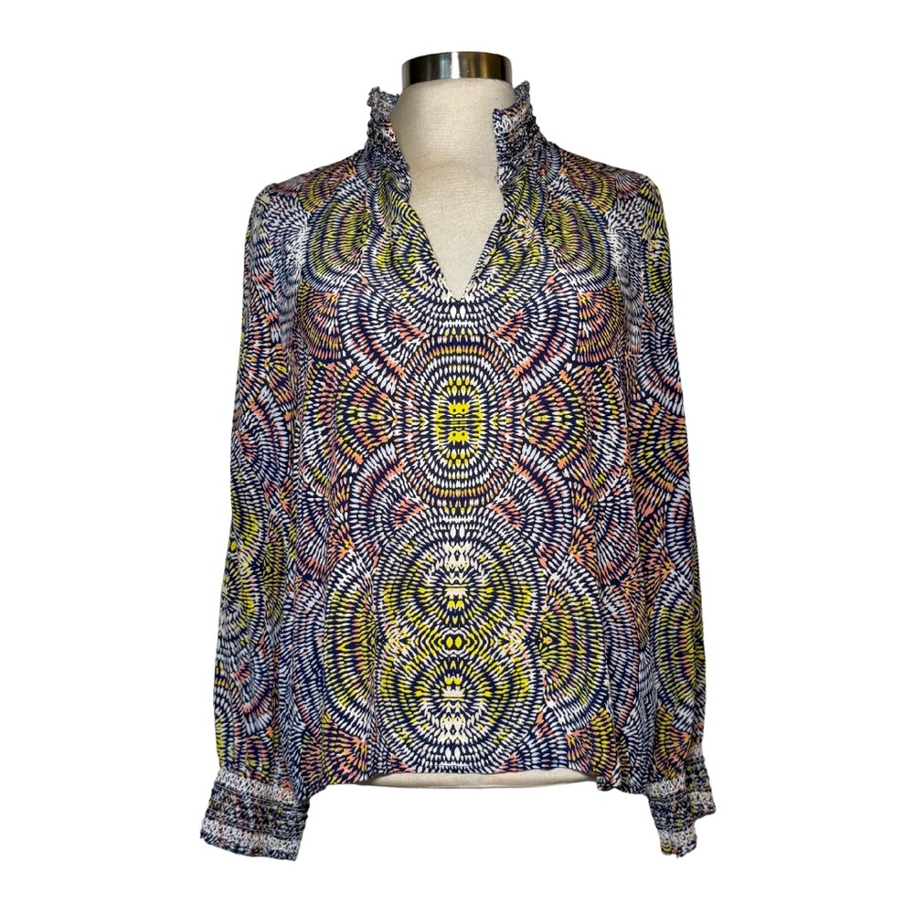 Marie Oliver Silk Blouse Long Sleeve Navy Multi Color Print Abstract S